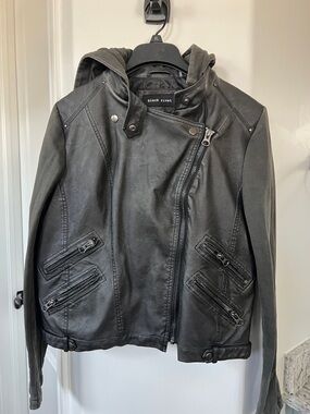 Black Rivet Black Hooded Faux Leather Moto Jacket